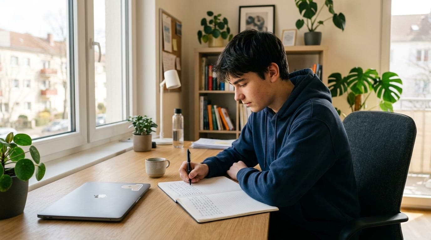 Jugendlicher am Schreibtisch schreibt Bewerbungsschreiben für Ausbildungsplatz