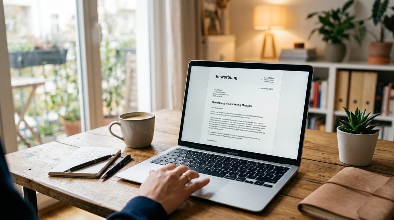 Modernes Bewerbungsschreiben auf einem Laptop mit klarem, übersichtlichem Design