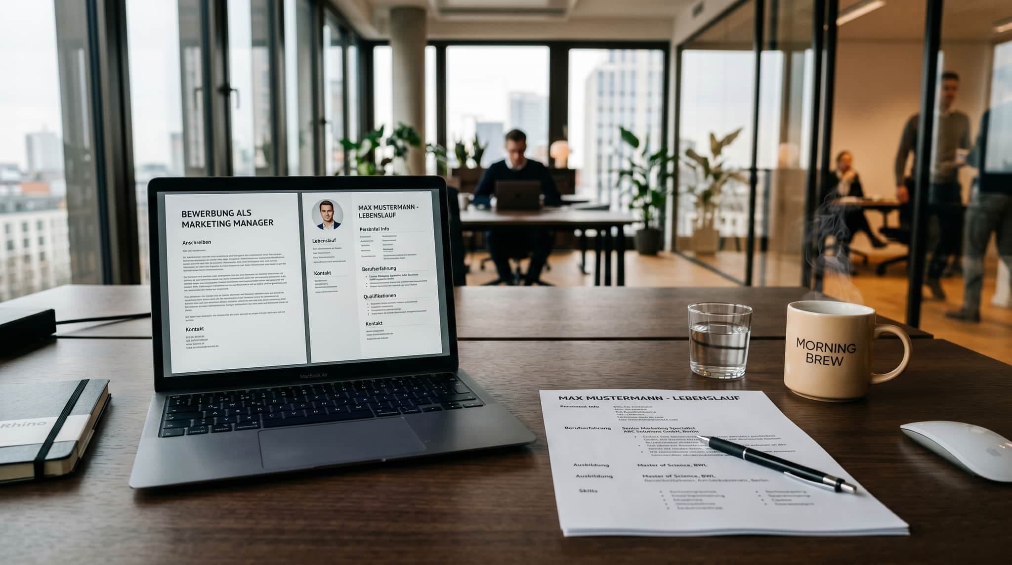Bewerbungs-PDF auf einem Laptop-Bildschirm, daneben ausgedruckter Lebenslauf, Stift und Kaffee