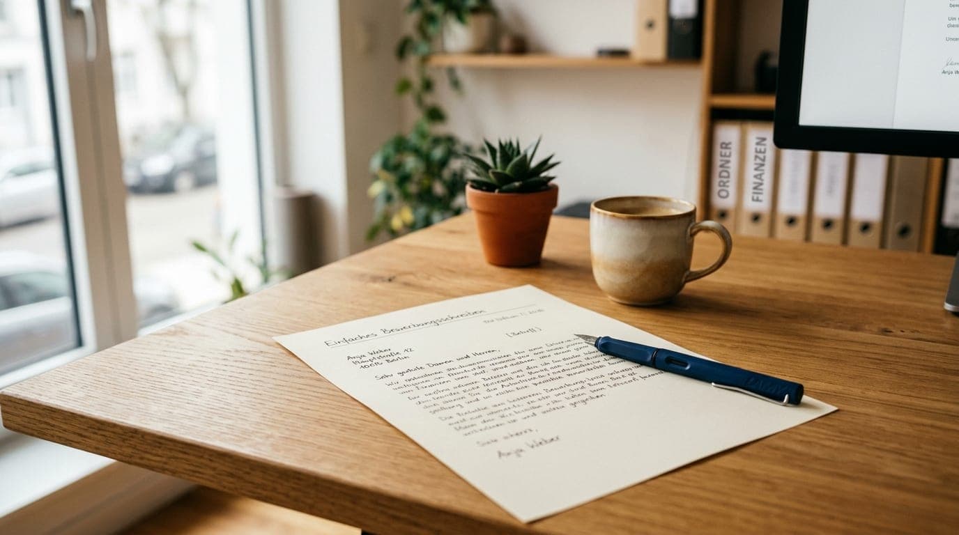 Einfaches Bewerbungsschreiben auf einem Schreibtisch mit Stift