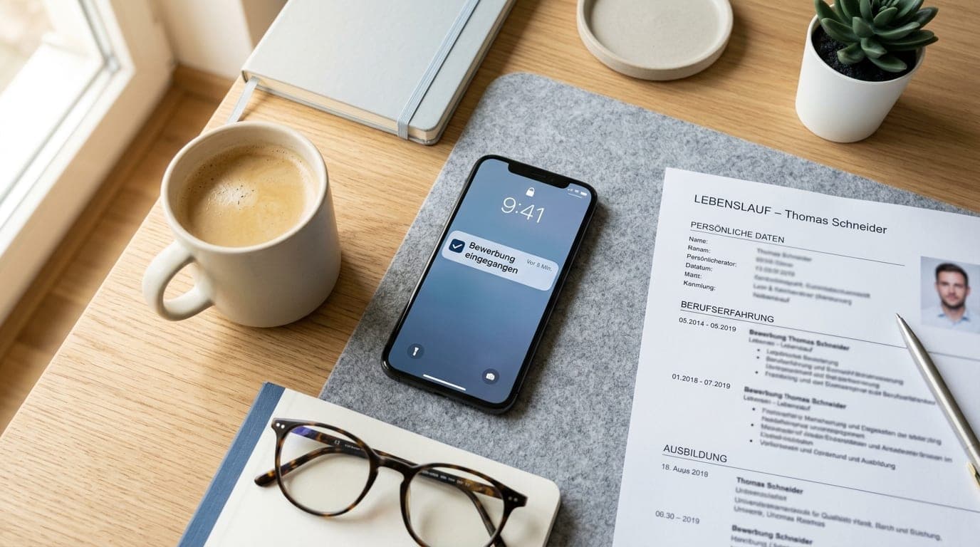 Schreibtisch von oben mit Smartphone-Benachrichtigung Bewerbung eingegangen, Lebenslauf und Kaffee
