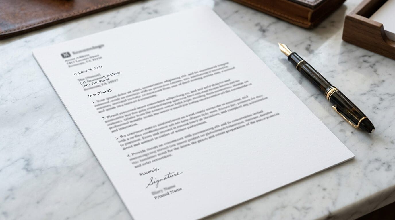 Strukturiertes Anschreiben auf weißem Papier mit Textmarkierungen der einzelnen Abschnitte