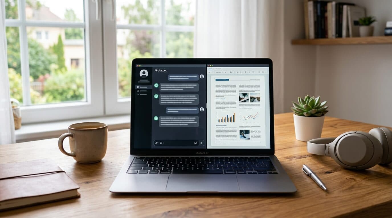 Laptop mit KI-Chatbot-Interface und Bewerbungsunterlagen auf dem Schreibtisch