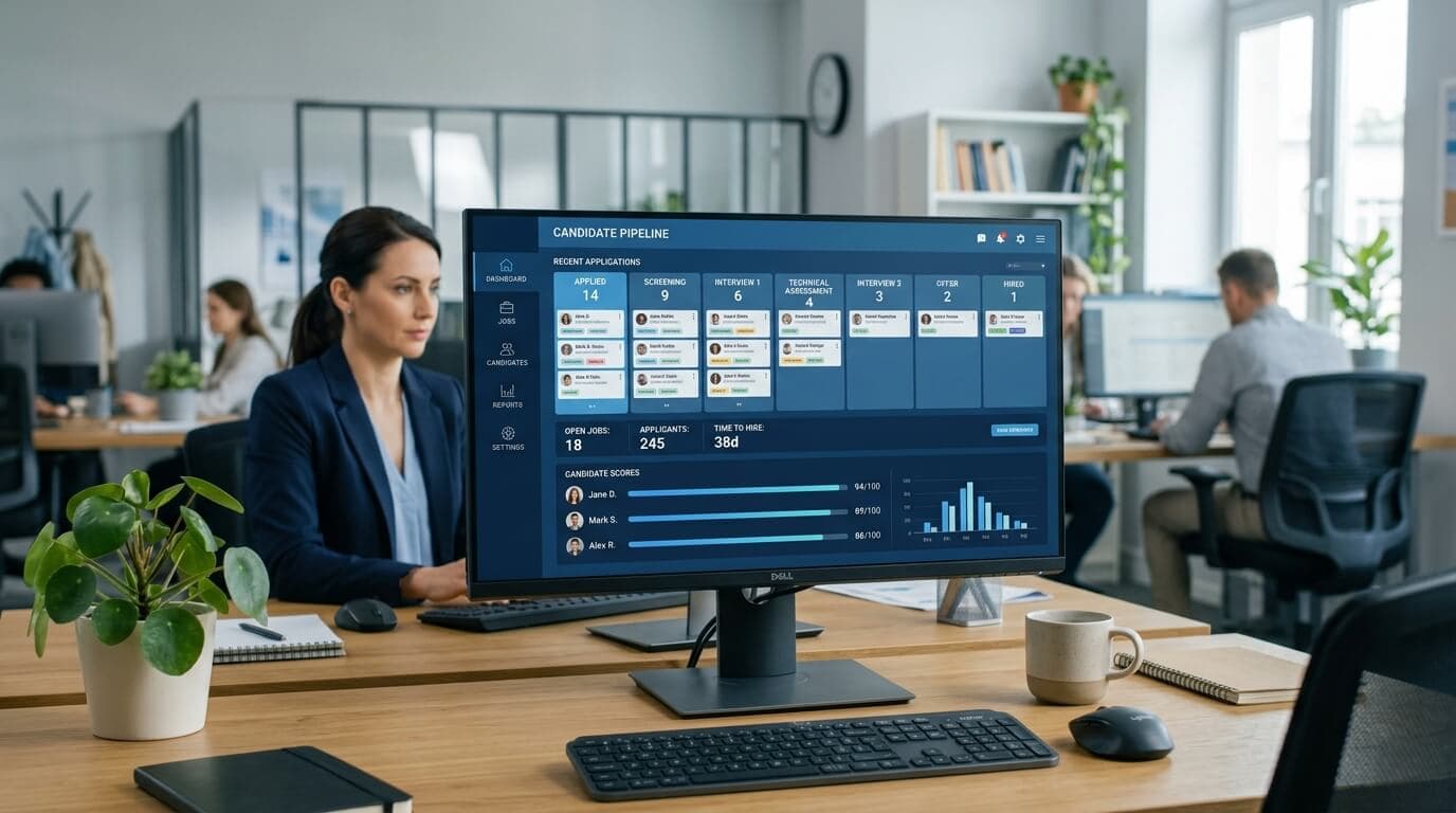 Bildschirm mit ATS-Software und Bewerbungspipeline, Computertastatur im Vordergrund