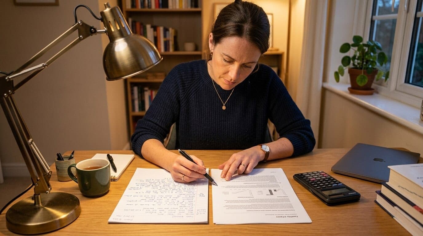 Schreibtisch mit Bewerbungsmappe, Taschenrechner und Notizblock mit Kostenkalkulation