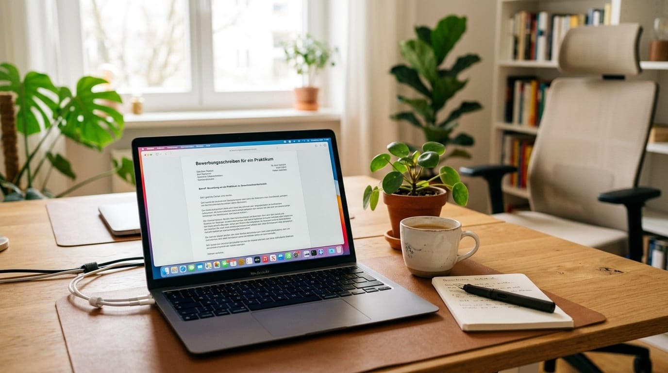 Schreibtisch mit aufgeklapptem Laptop und einem Bewerbungsschreiben für ein Praktikum