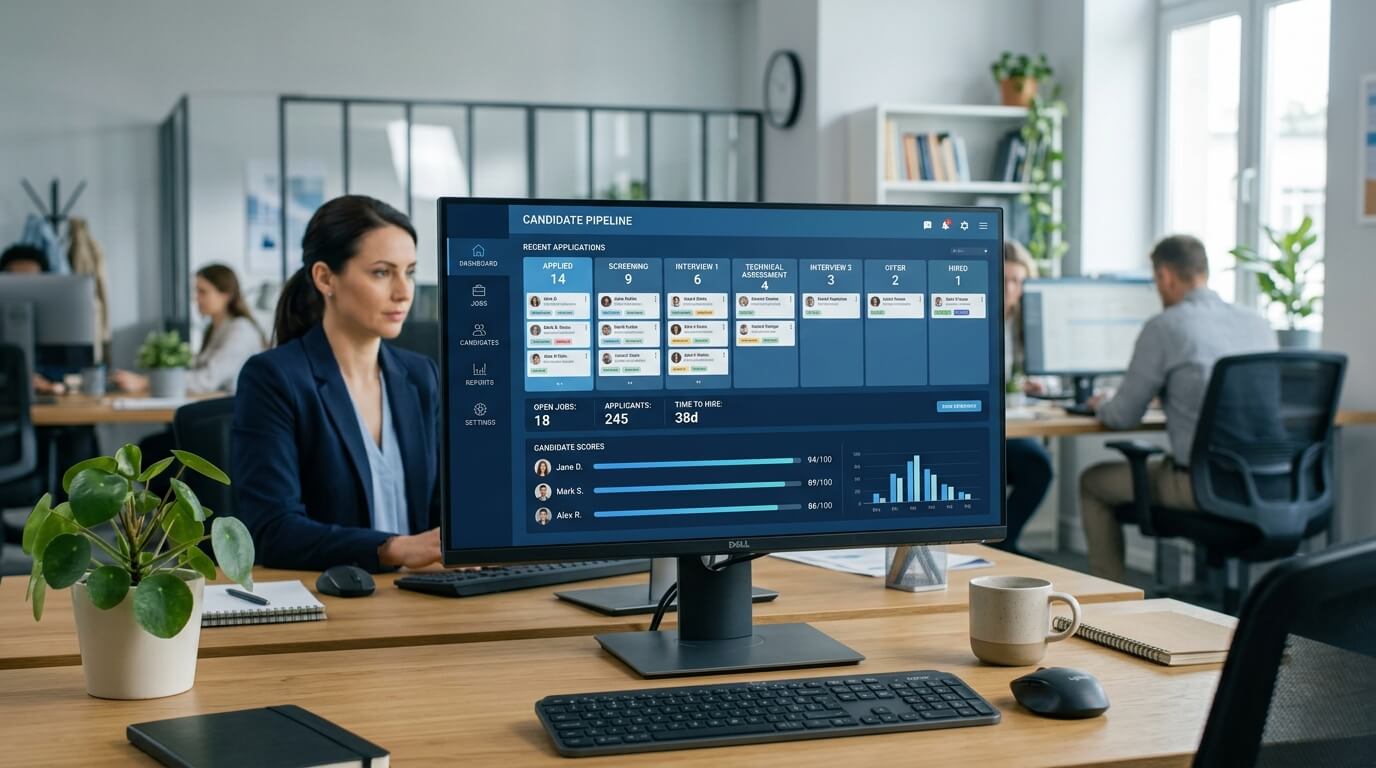 Bildschirm mit ATS-Software und Bewerbungspipeline, Computertastatur im Vordergrund
