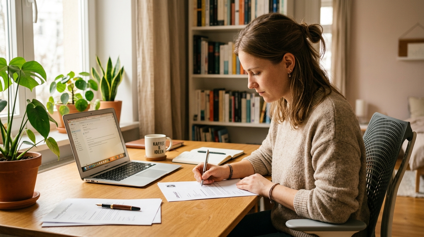Person sitzt am Schreibtisch und schreibt eine Bewerbung nach einer Kündigung
