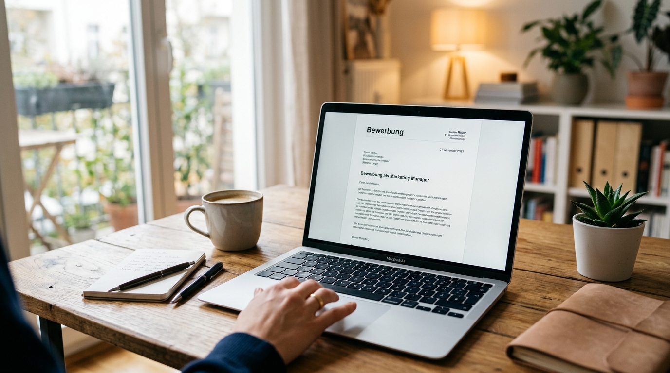 Modernes Bewerbungsschreiben auf einem Laptop mit klarem, übersichtlichem Design